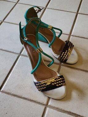 VIA UNO, TEAL Green and Gold Braided Strap Women’s Sandals, Sz38